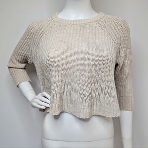 Y2K Boho Cream Light Tan Rib Knit Cropped Length Sweater Half Sleeve